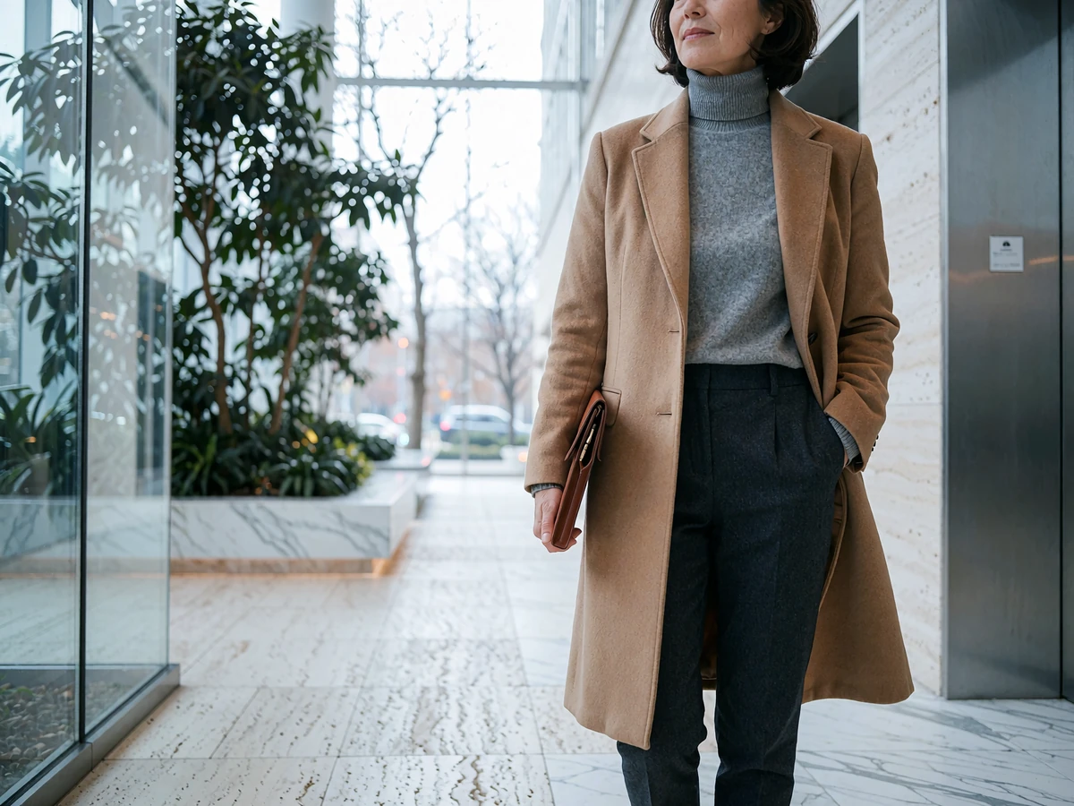 Elegant woman in a camel coat carrying a leather portfolio through a bright marble office lobby in downtown Indianapolis