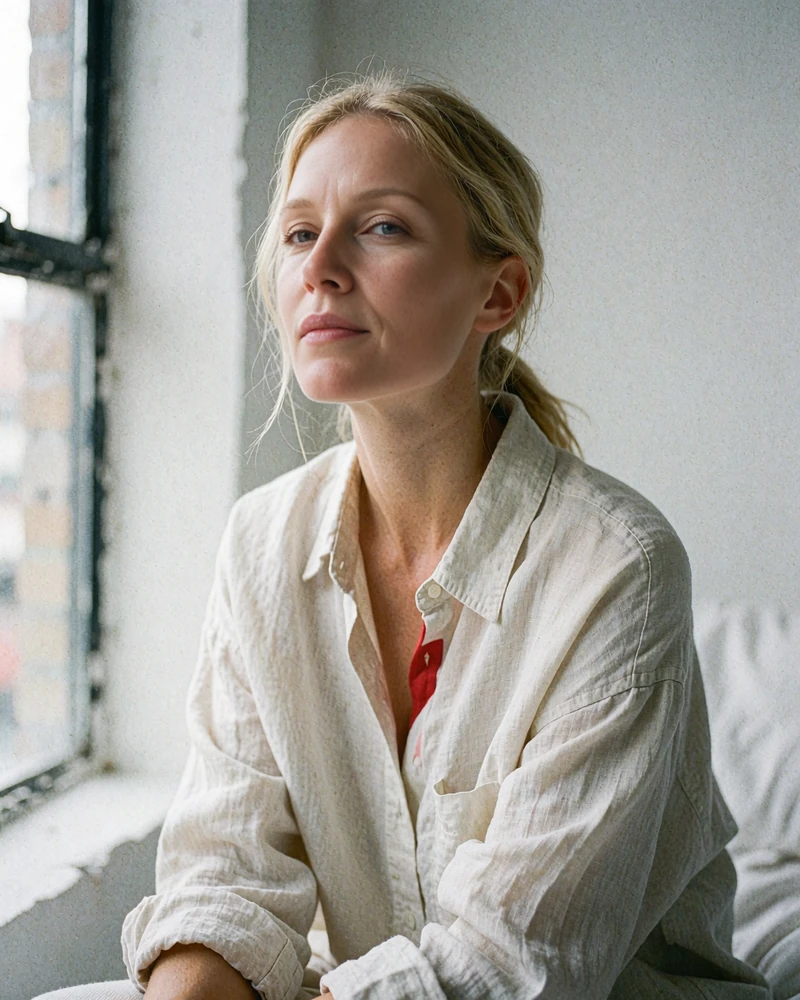 Portrait of a blonde woman in an oversized ivory linen shirt seated near a bright loft window