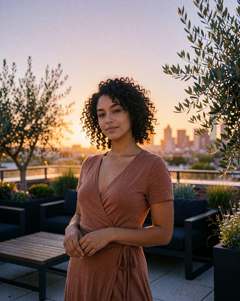 Woman with dark curls in a rust-toned wrap dress on a residential rooftop terrace at sunset with the Dallas skyline behind her