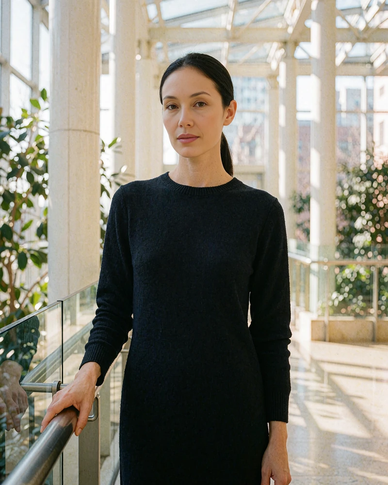 Woman with a sleek dark ponytail in a black knit dress standing inside a bright glass atrium
