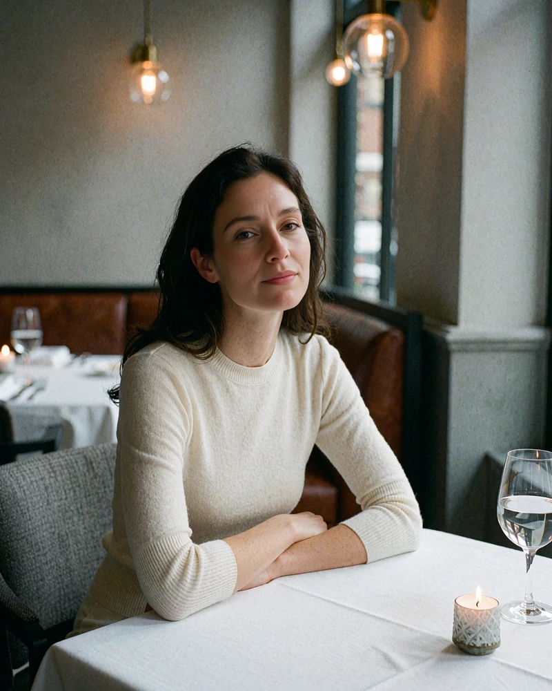 Brunette woman in an ivory knit top seated at a corner table in an upscale candlelit restaurant