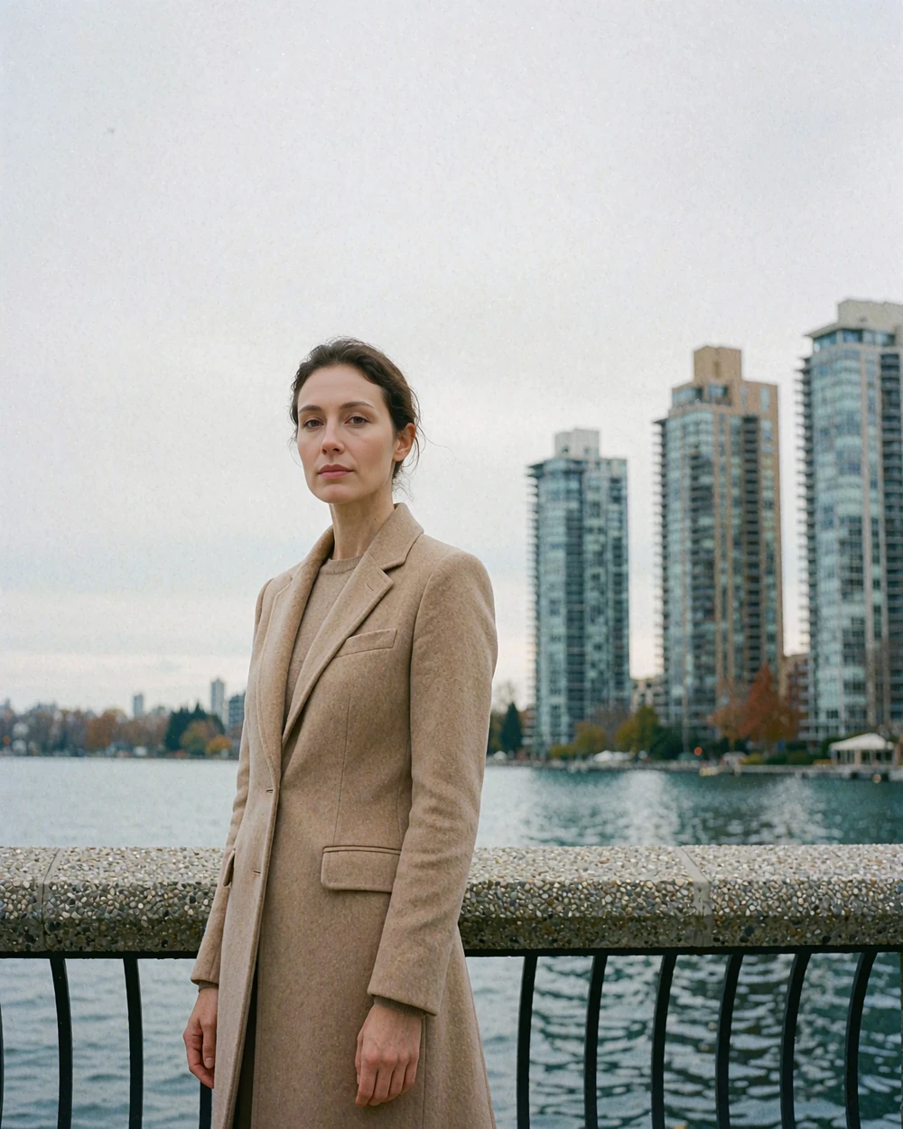 Poised woman in a tailored camel wool coat standing on the Chicago lakefront promenade with lakeside high-rise towers behind her