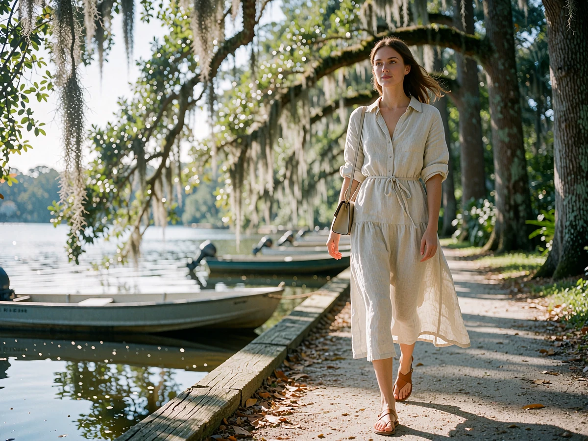 Woman in a linen midi dress walking a shaded lakefront promenade lined with live oaks in Orlando