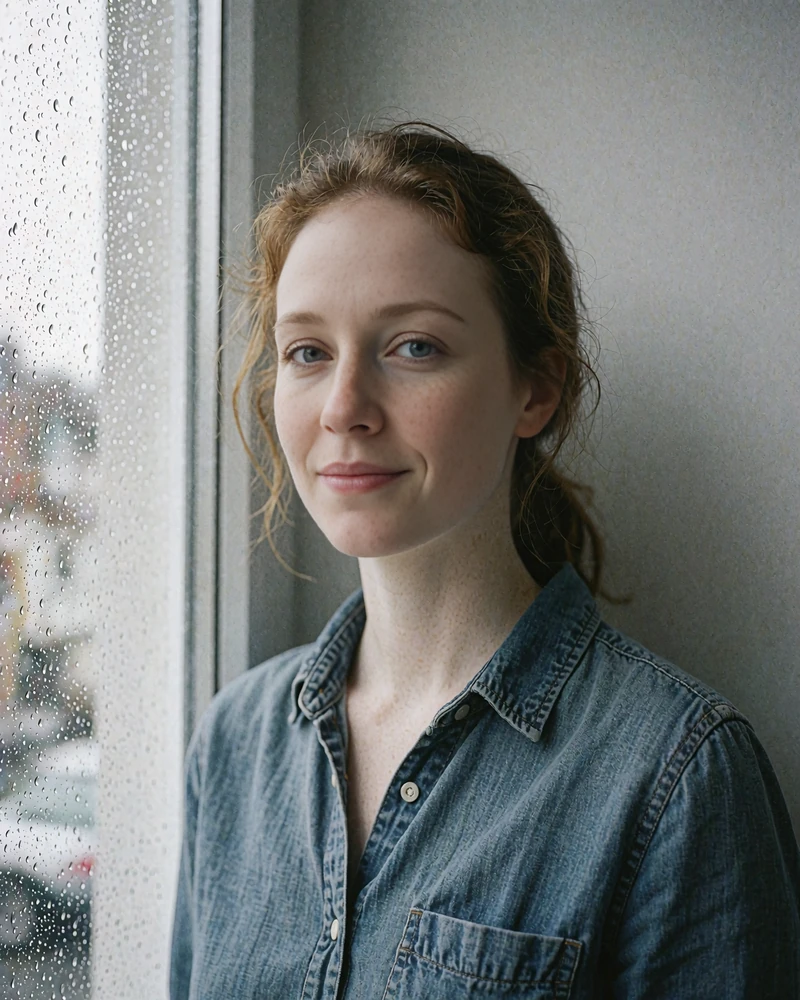 Portrait of a fresh-faced woman with light freckles wearing a soft indigo denim shirt near a rain-flecked window
