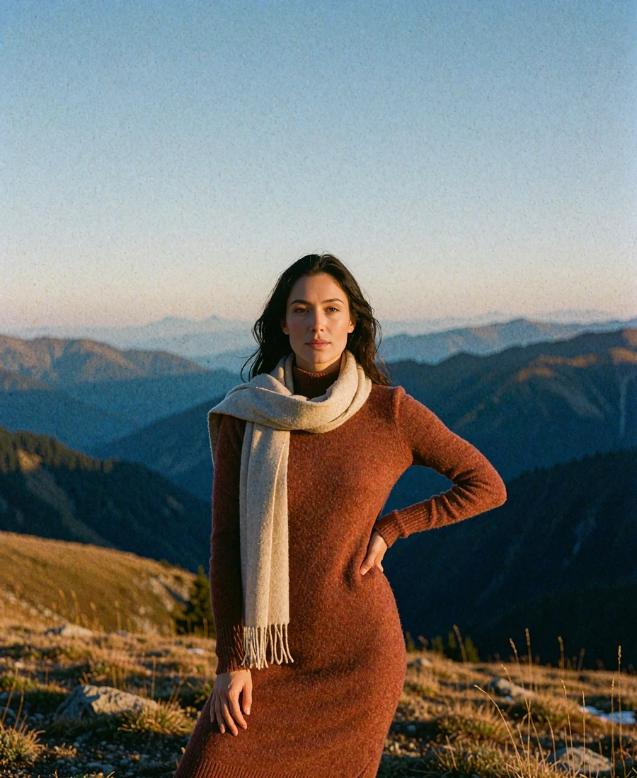 Athletic woman in a rust-toned knit dress standing on an open foothills overlook near Denver at golden hour