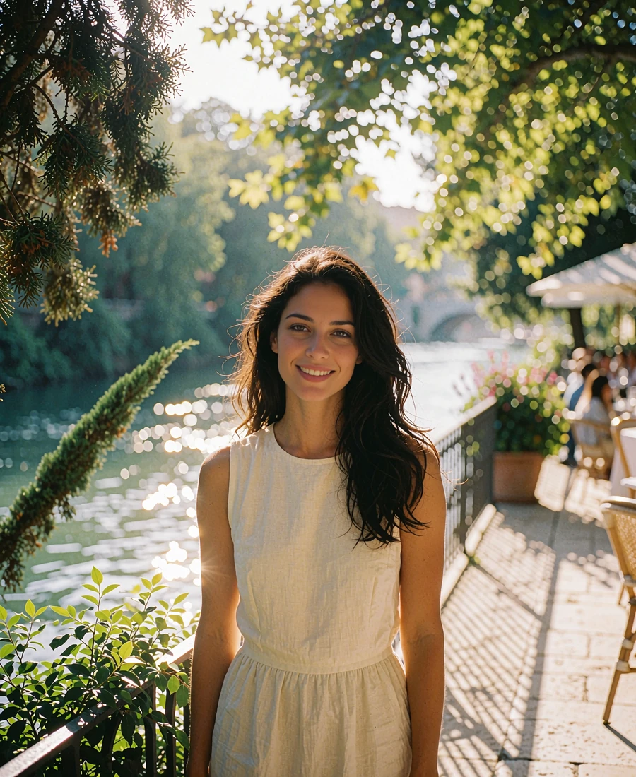 Dark-haired young woman in an ivory dress smiling on a River Walk restaurant terrace in golden afternoon light