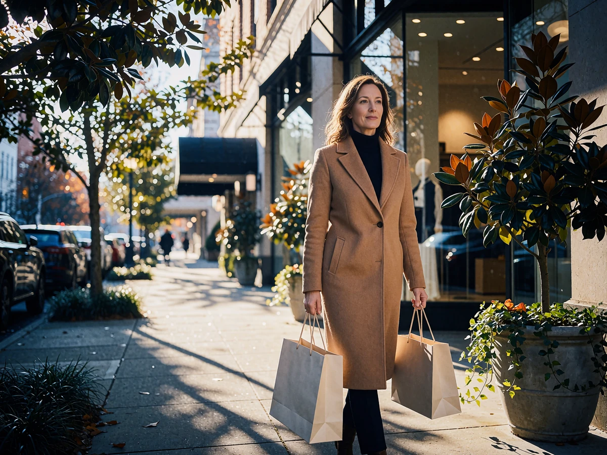 Woman in a camel wool coat carrying shopping bags along a sunlit Buckhead sidewalk