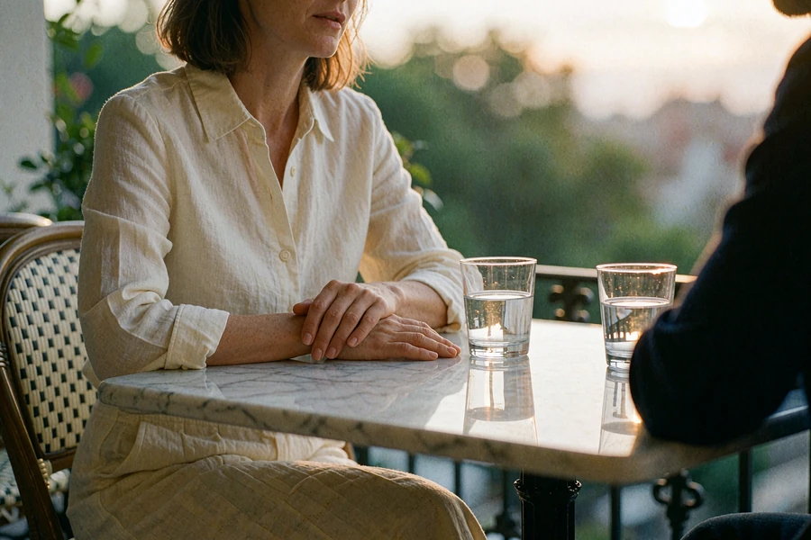 Composed woman in a cream shirt in measured conversation at a marble terrace table