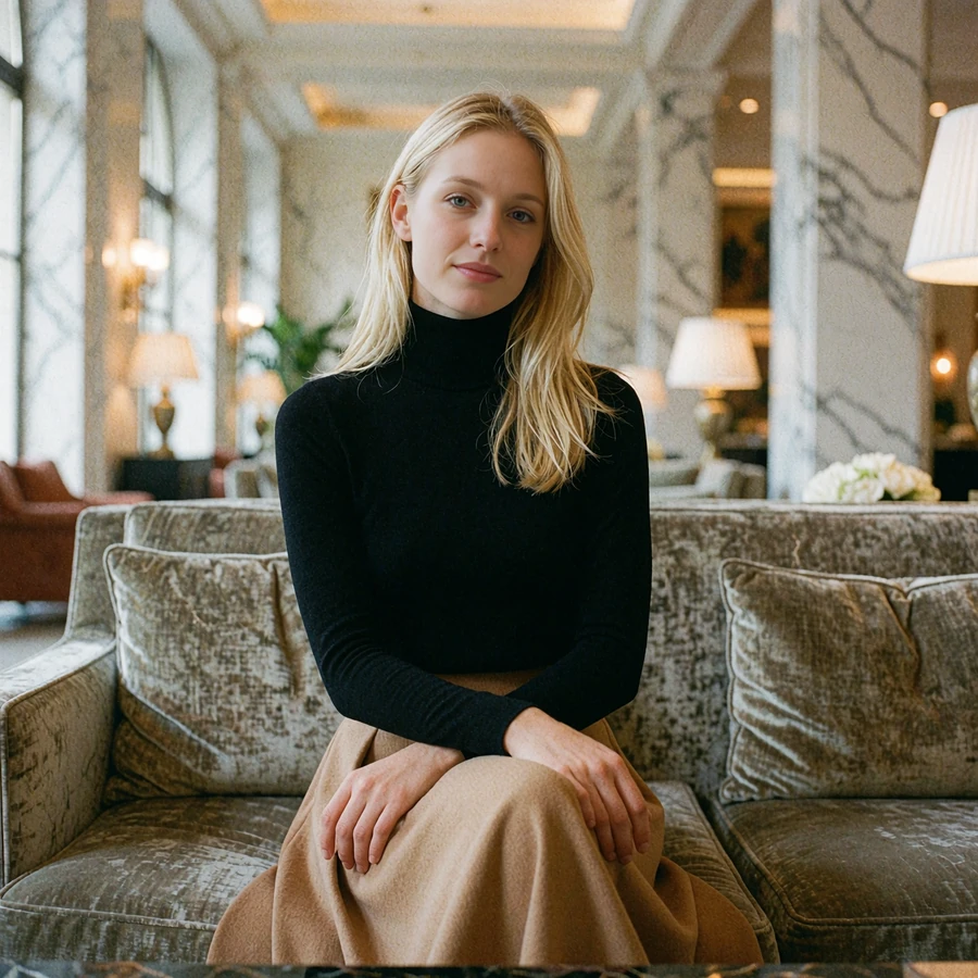 Young woman with blonde hair in a black turtleneck seated on a velvet hotel lobby sofa