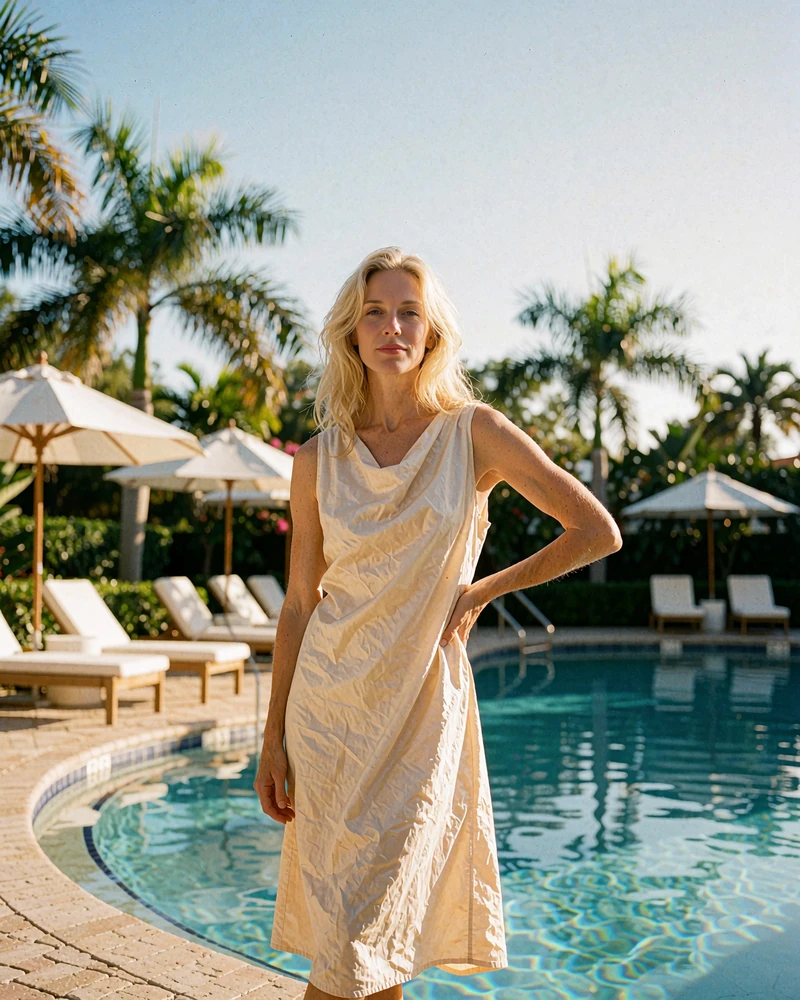 Blonde woman in a champagne midi dress standing at the edge of an Orlando resort pool deck in late afternoon light