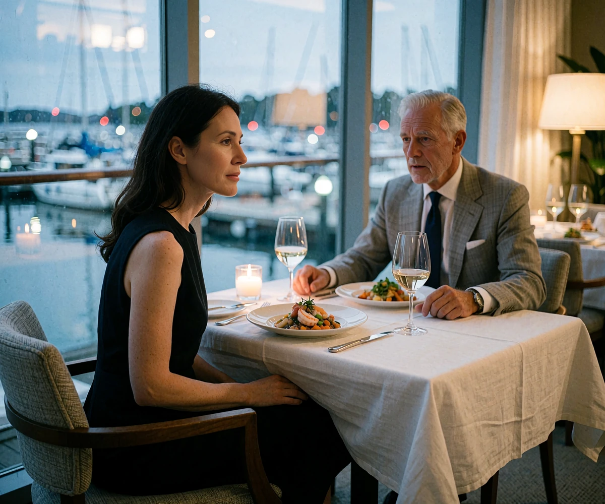 Couple seated at a white-linen table beside floor-to-ceiling windows in an upscale Tampa waterfront restaurant at dusk