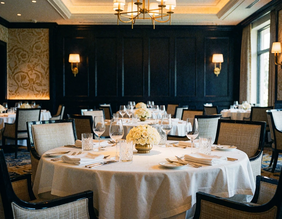 Empty private dining room in an upscale Orlando restaurant set with white linen, crystal stemware and low candlelight