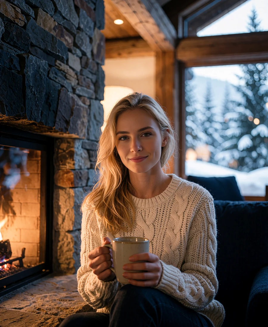 Woman in a cream cable-knit sweater seated by a stone fireplace in a mountain lodge lounge