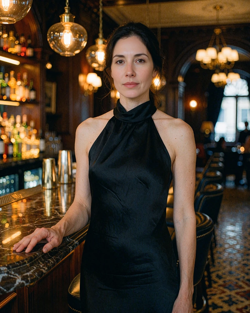 Dark-haired woman in a black silk halter dress inside a dimly lit Orlando hotel cocktail lounge