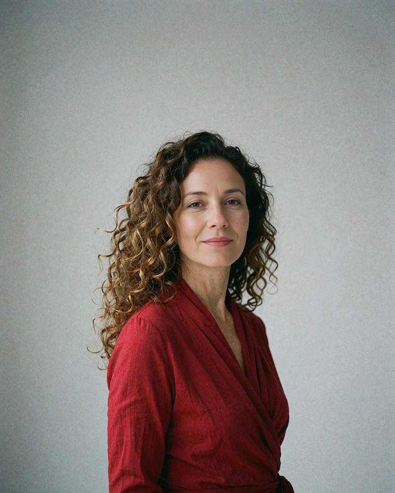 Portrait of a vivid woman in her early forties with bronze curls against a fog gray backdrop