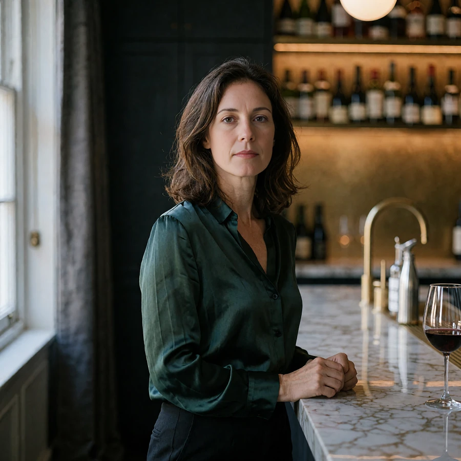 Woman in a dark green silk blouse standing at a marble bar counter in a quiet San Antonio wine room
