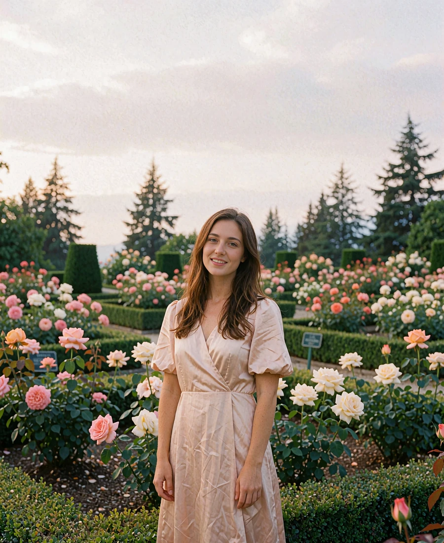Woman in a blush midi dress standing among rose beds in a terraced Portland public garden