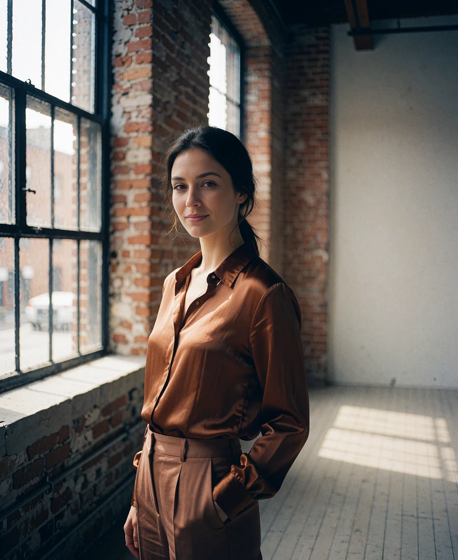 Woman in a rust silk blouse standing in a brick-walled art gallery loft with tall industrial windows