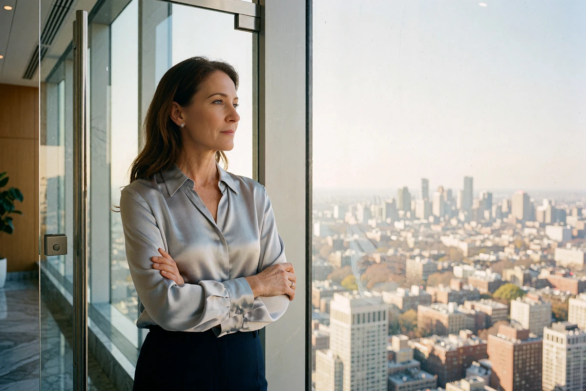 Elegant woman in a pale grey silk blouse standing beside a floor-to-ceiling office window overlooking a city skyline