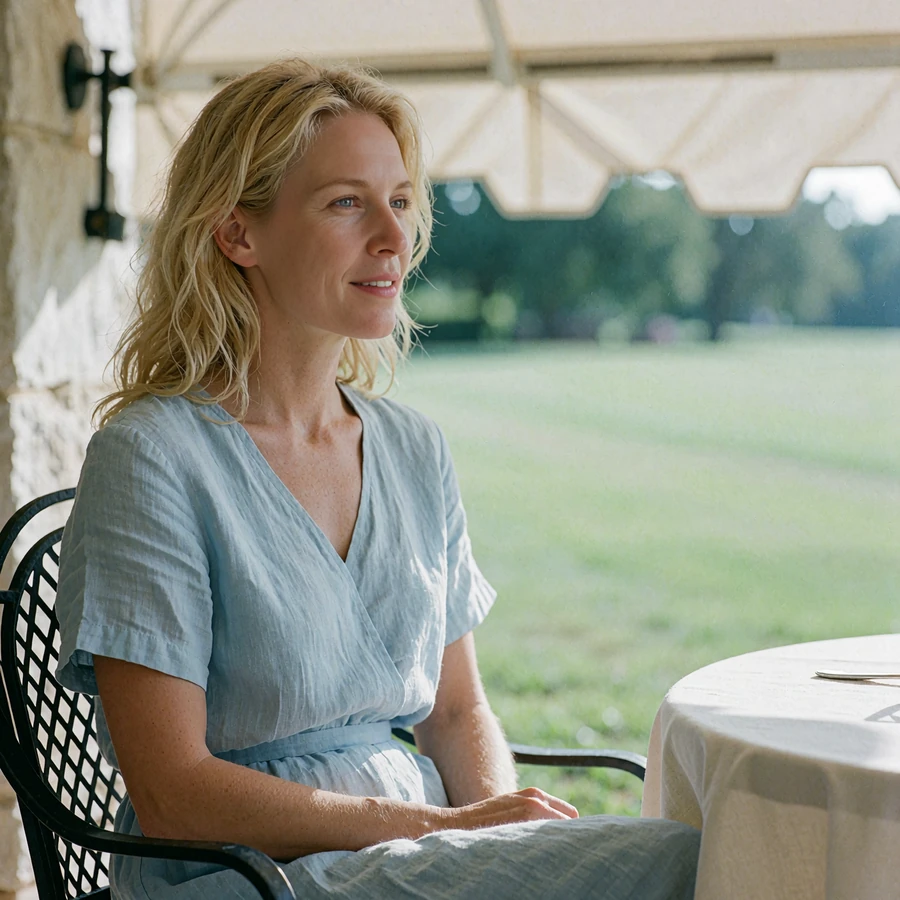 Blonde woman in a pale blue linen dress seated at a shaded terrace table of an upscale North Dallas club