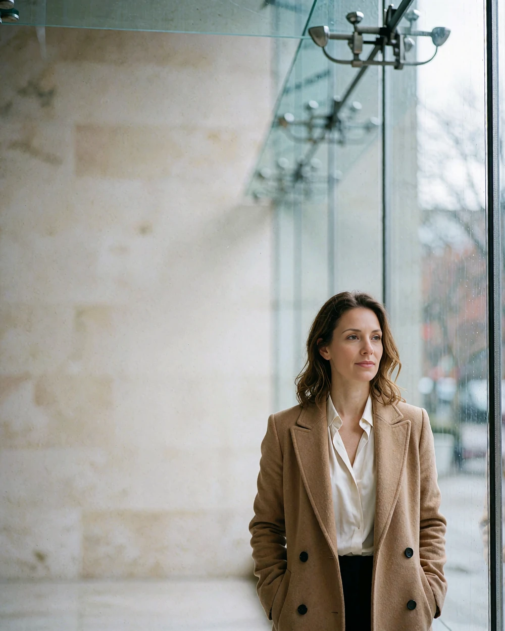Woman in a tailored camel coat standing in a bright modern lobby with glass walls in Dallas