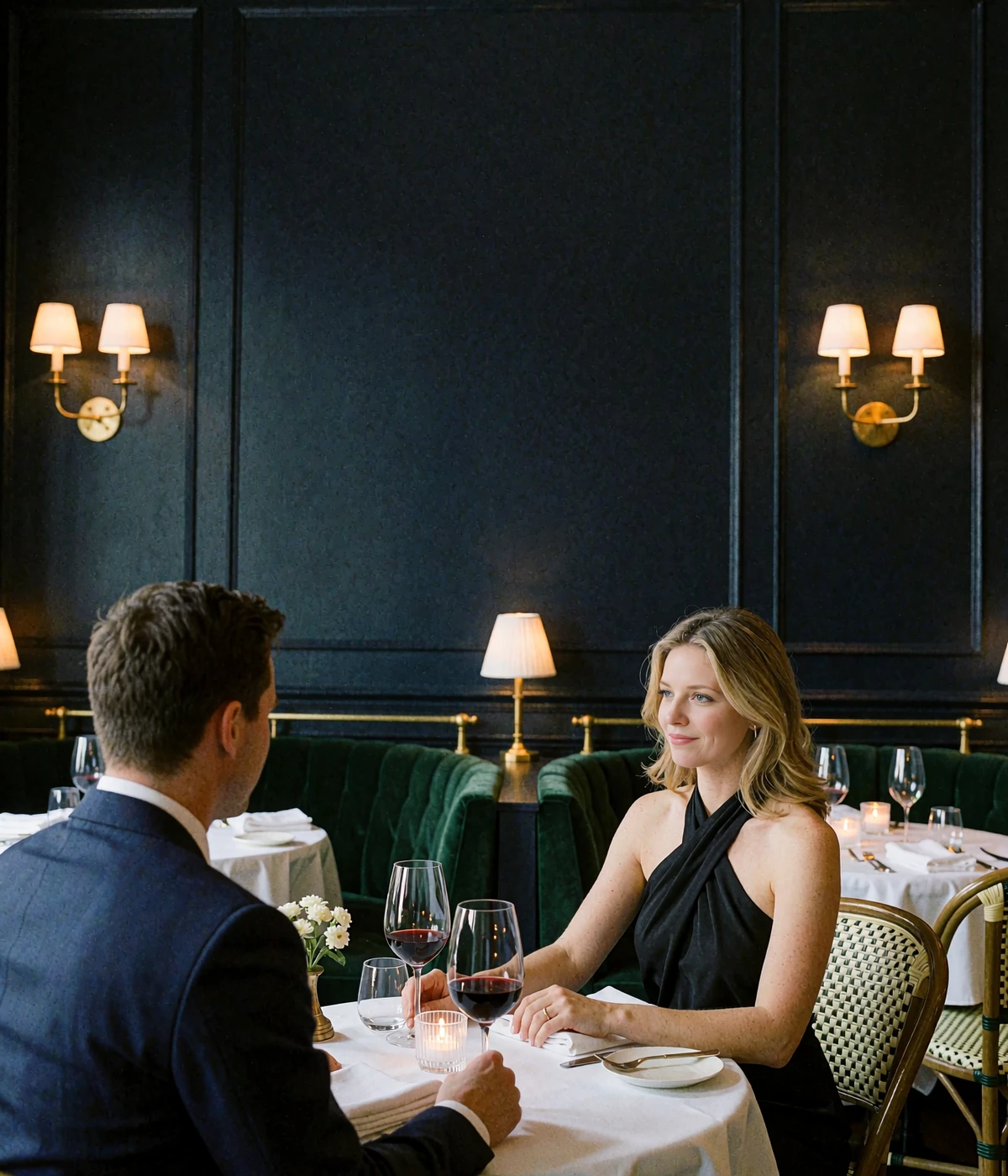 Couple seated at a candlelit table in an upscale Atlanta restaurant with dark green walls