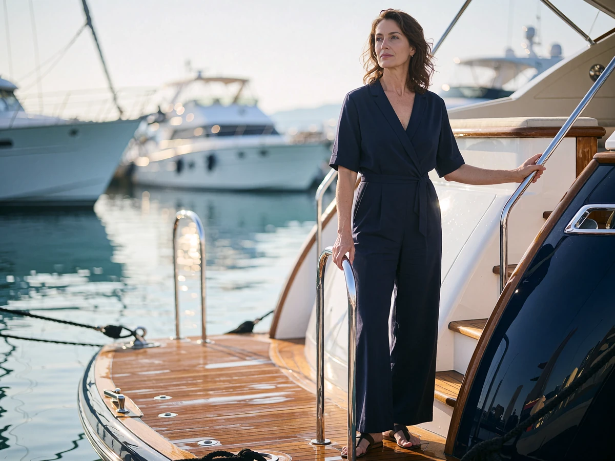 Woman in a navy jumpsuit standing on the aft deck of a moored motor yacht in a Tampa marina