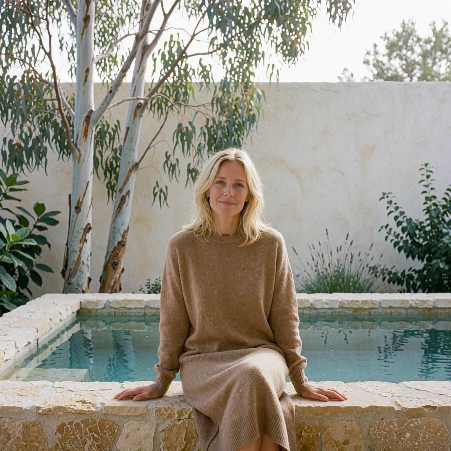 Blonde woman in a camel knit dress seated beside a canyon villa pool in soft morning light