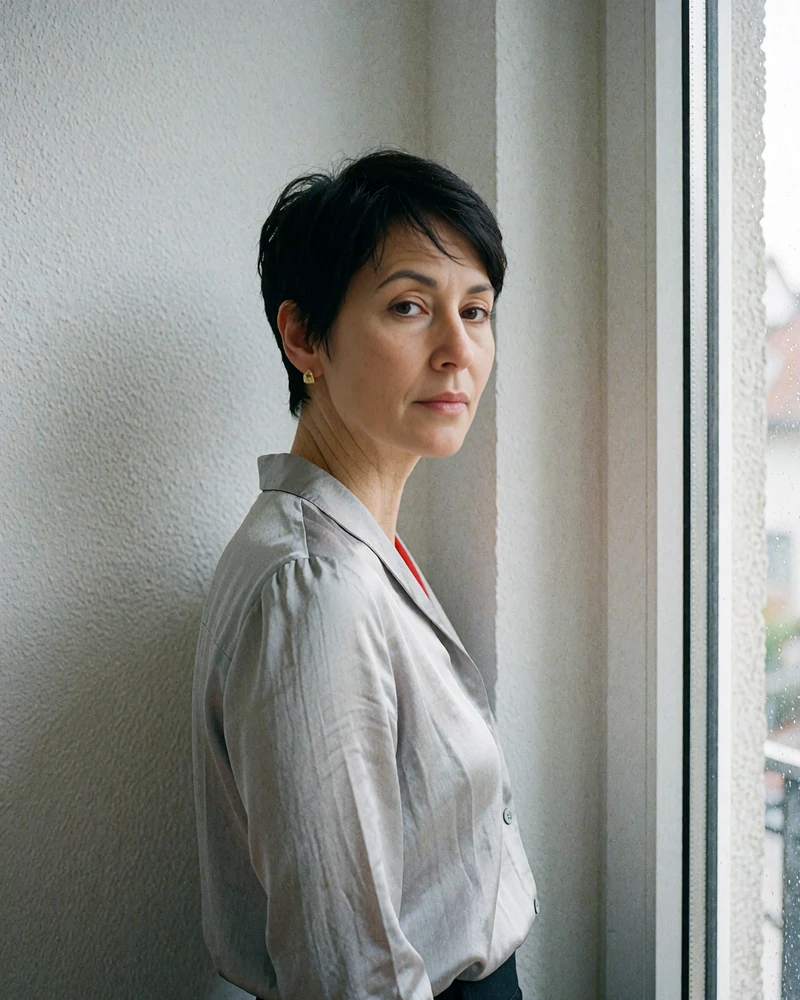 Portrait of a woman with a short dark pixie cut in a pale gray silk blouse beside a tall window