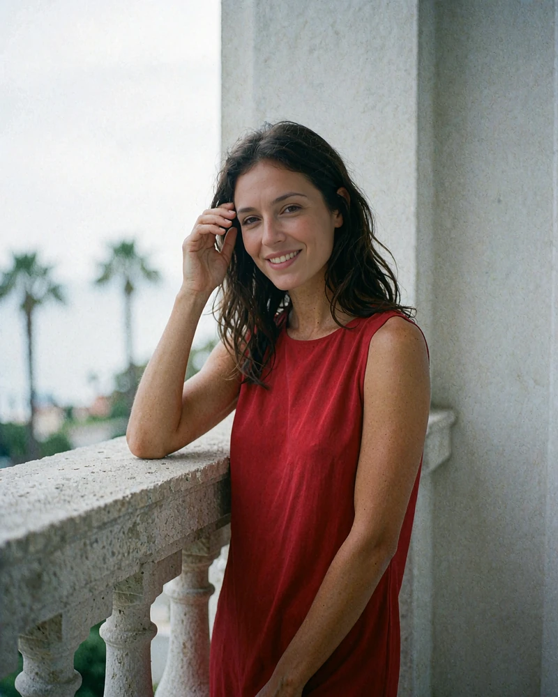 Portrait of a tanned brunette woman in a crimson sleeveless dress standing on a shaded coastal terrace
