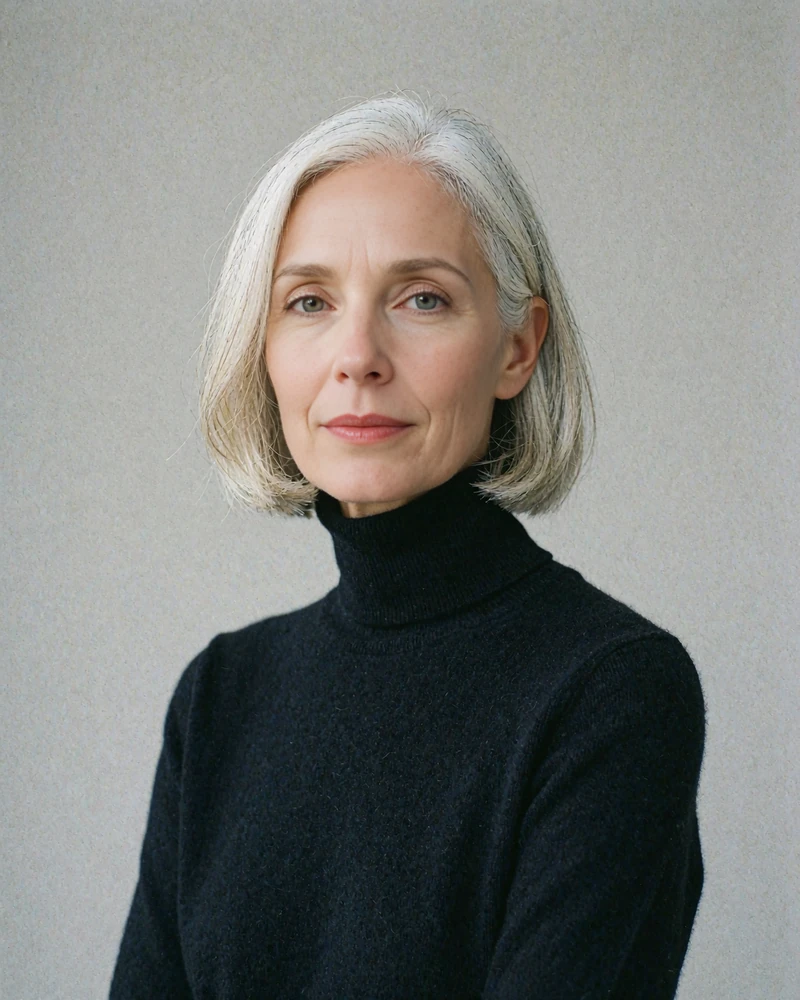 Portrait of a woman in her early fifties with a polished silver-gray bob wearing a black cashmere rollneck