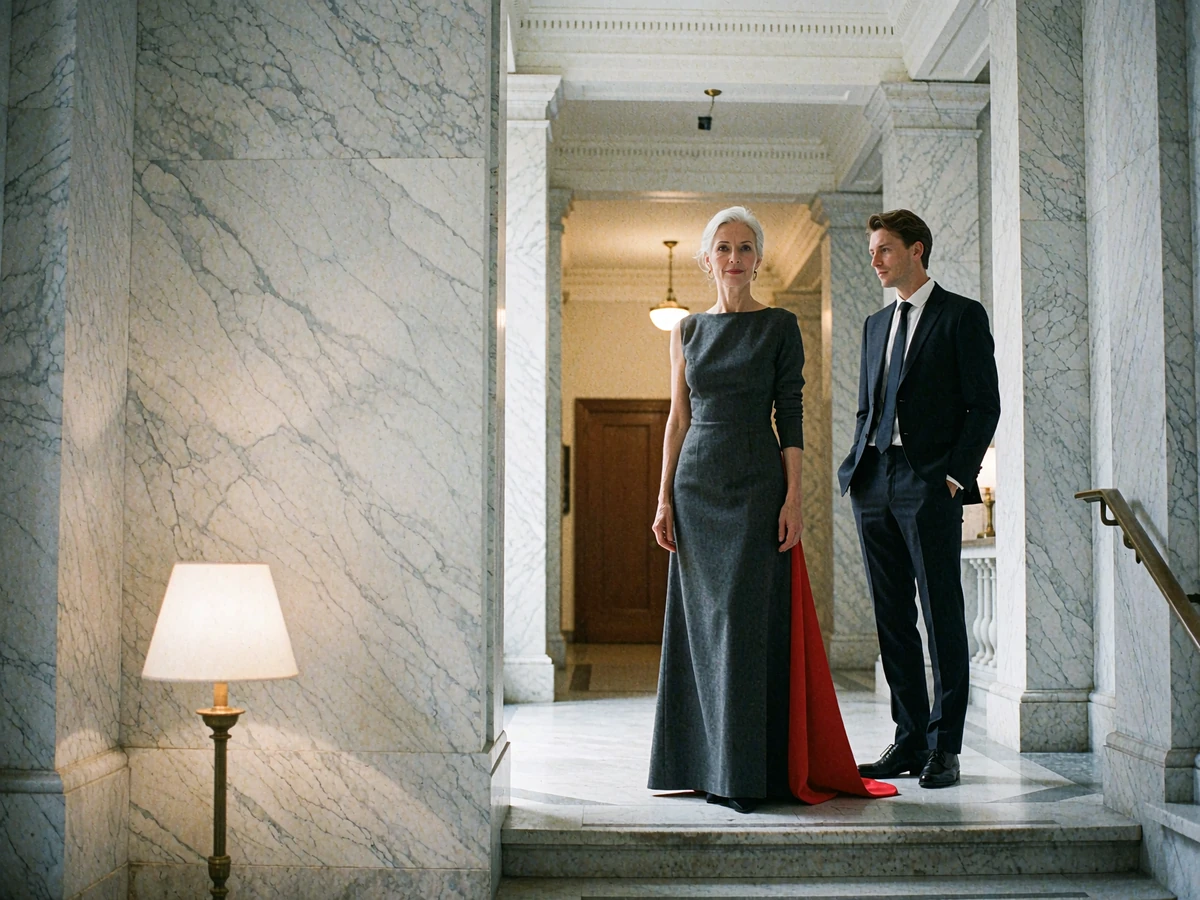 Elegant woman in a charcoal gown with a younger man in a dark suit in a theatre foyer