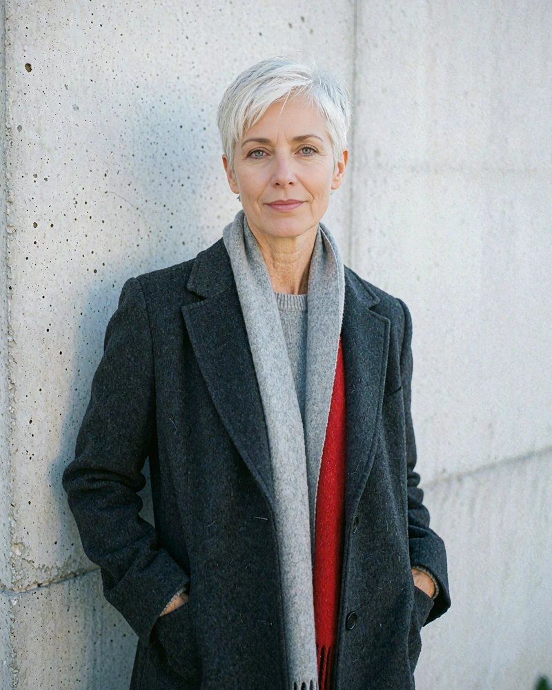 Portrait of a stylish woman with a short silver crop wearing a charcoal coat outdoors against a concrete wall