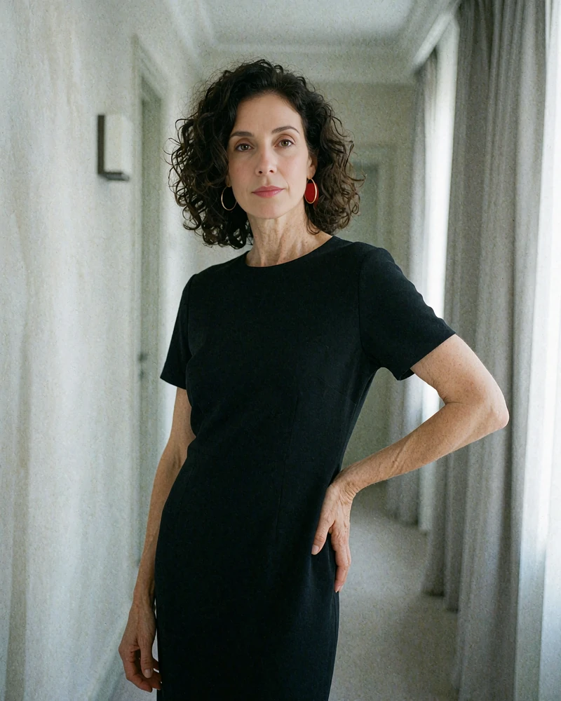 Portrait of a vivid woman with dark shoulder-length curls wearing a black column dress in a hotel corridor