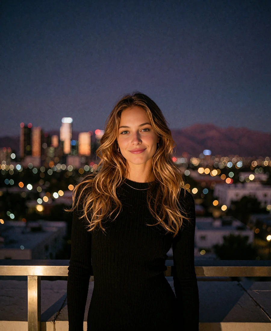 Woman with long light-brown waves in a black knit dress at a rooftop lounge rail overlooking downtown Denver at dusk