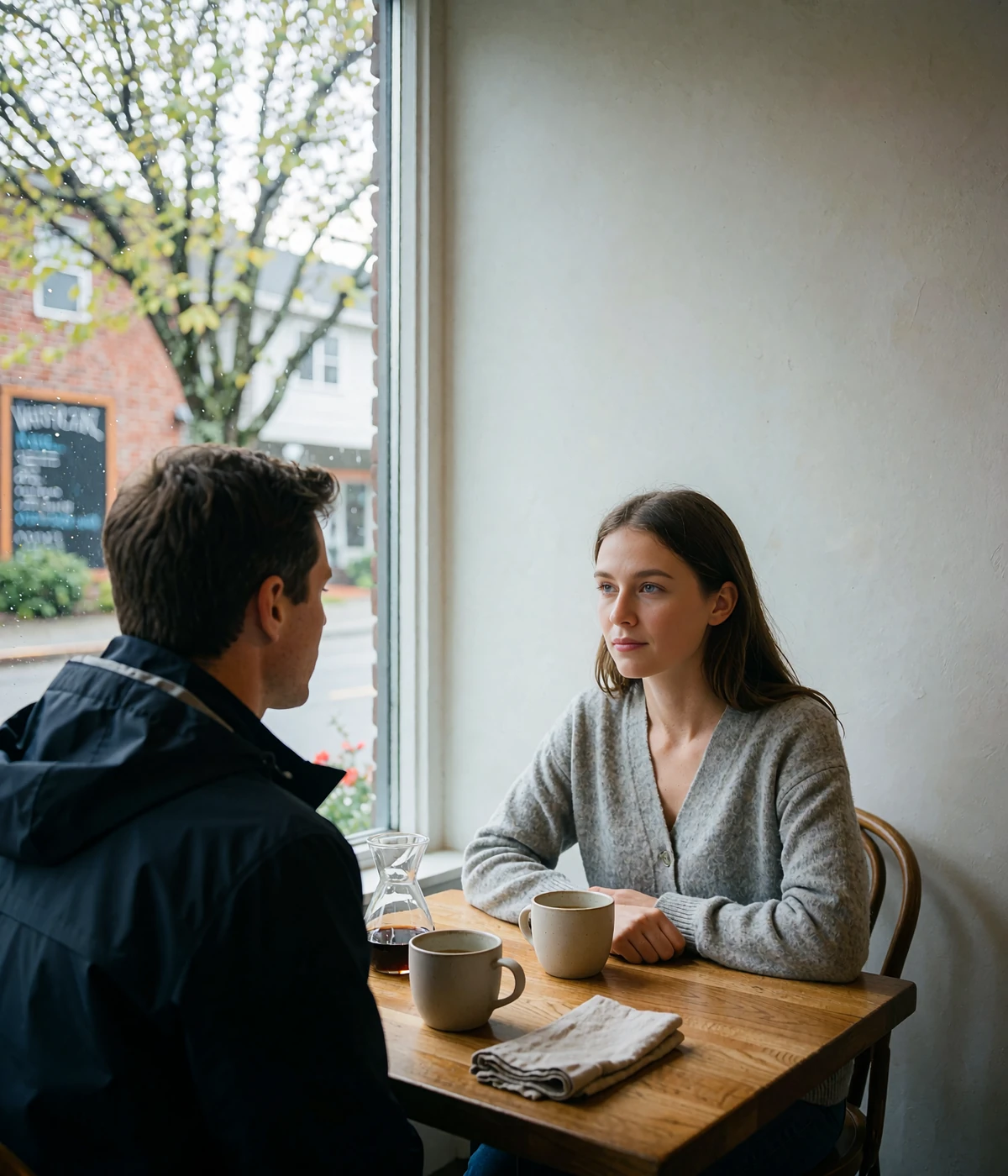 Two people meeting over coffee at a small wooden table in a bright Pacific Northwest café