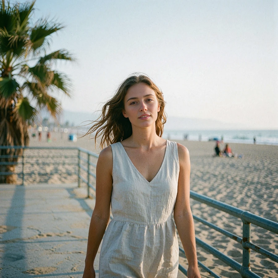 Young woman in a light linen dress walking along the Santa Monica boardwalk in late afternoon light