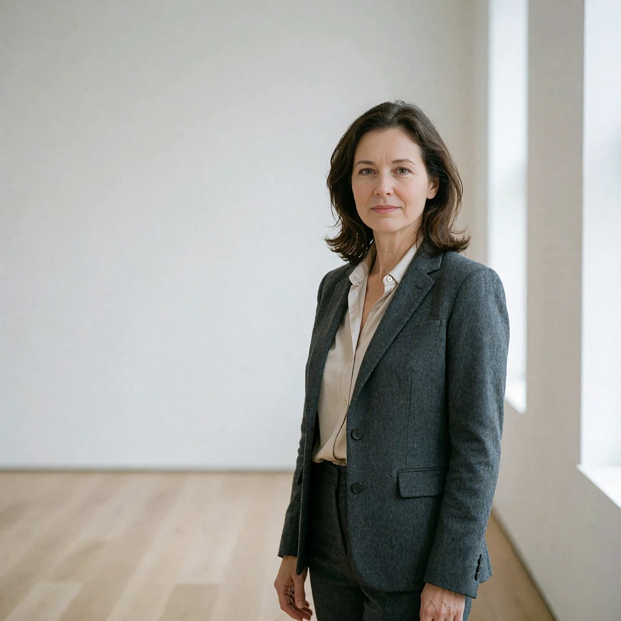 Woman in a tailored charcoal blazer standing in a bright white-walled art gallery
