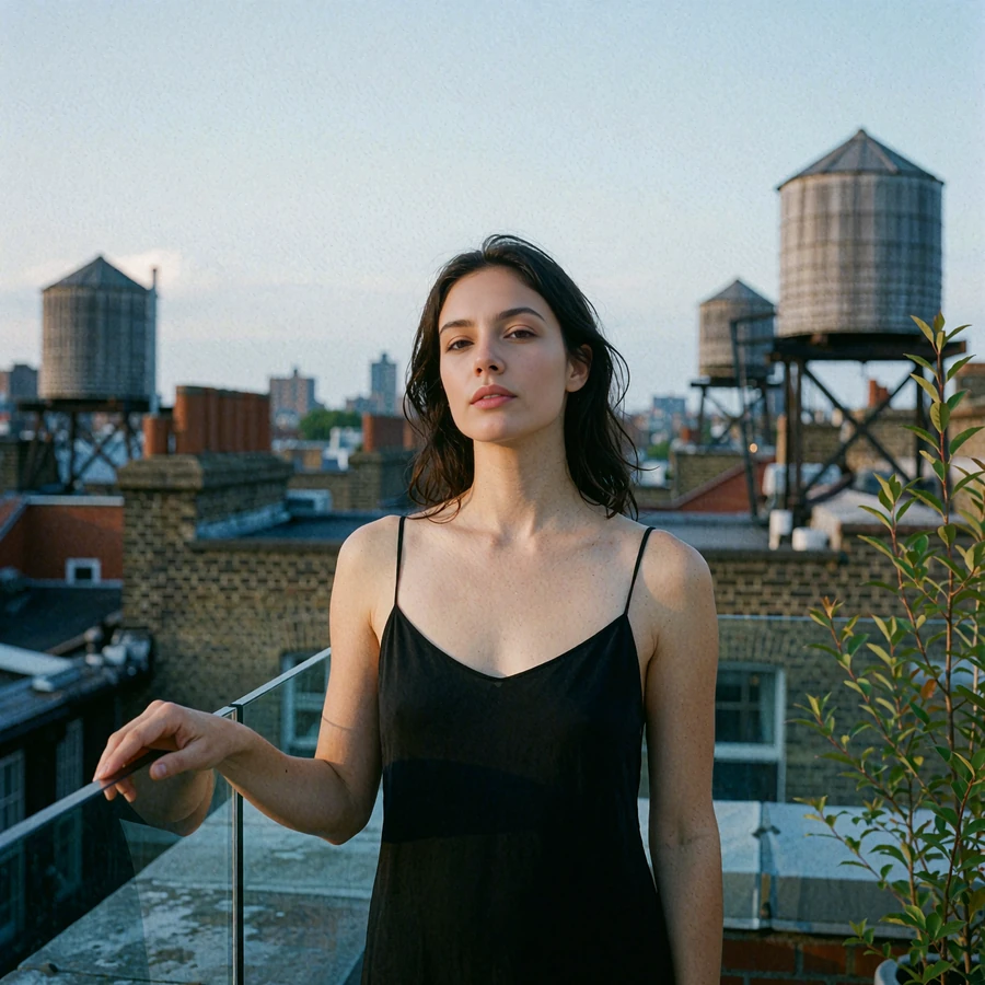 Dark-haired woman in a black slip dress standing on a Chelsea rooftop terrace with rooftops and water towers in the background