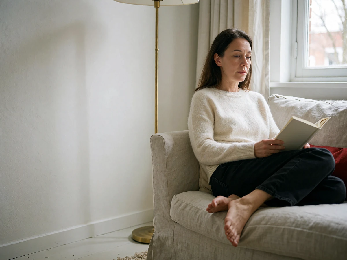Woman in an ivory sweater sitting sideways in a pale linen armchair, reading quietly beside a bare white wall