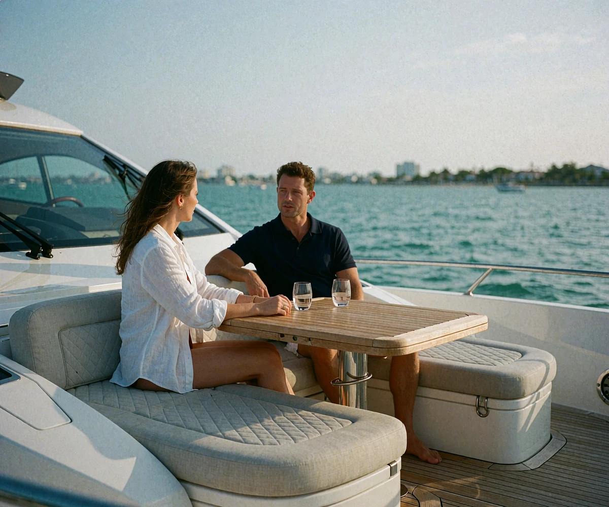 Woman and man seated on the cushioned aft deck of a motor yacht in conversation with the Miami bay in the background