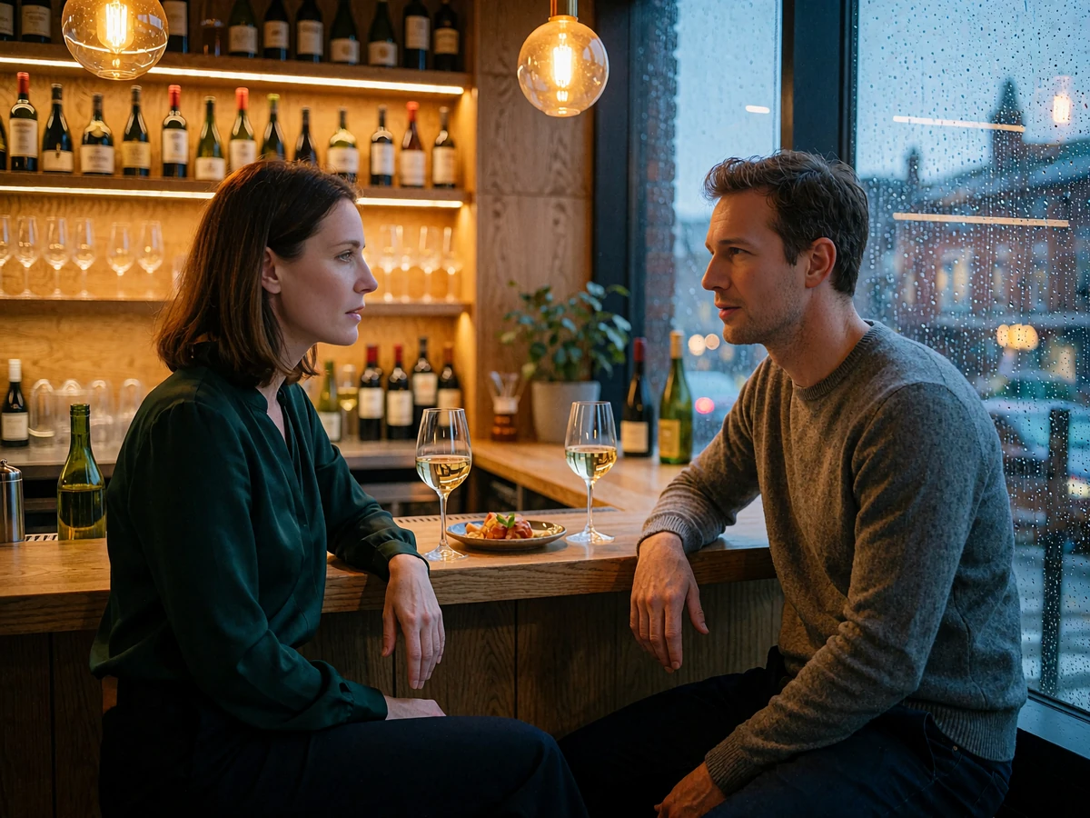 Woman and man in unhurried conversation over wine at a narrow bar counter with rain-streaked windows behind them