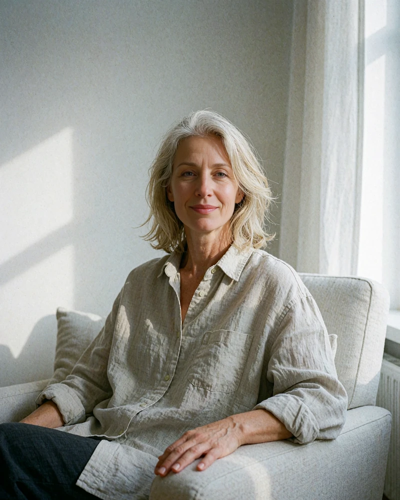 Portrait of a warm woman with ash-blonde layered hair seated in a pale armchair in a bright living room