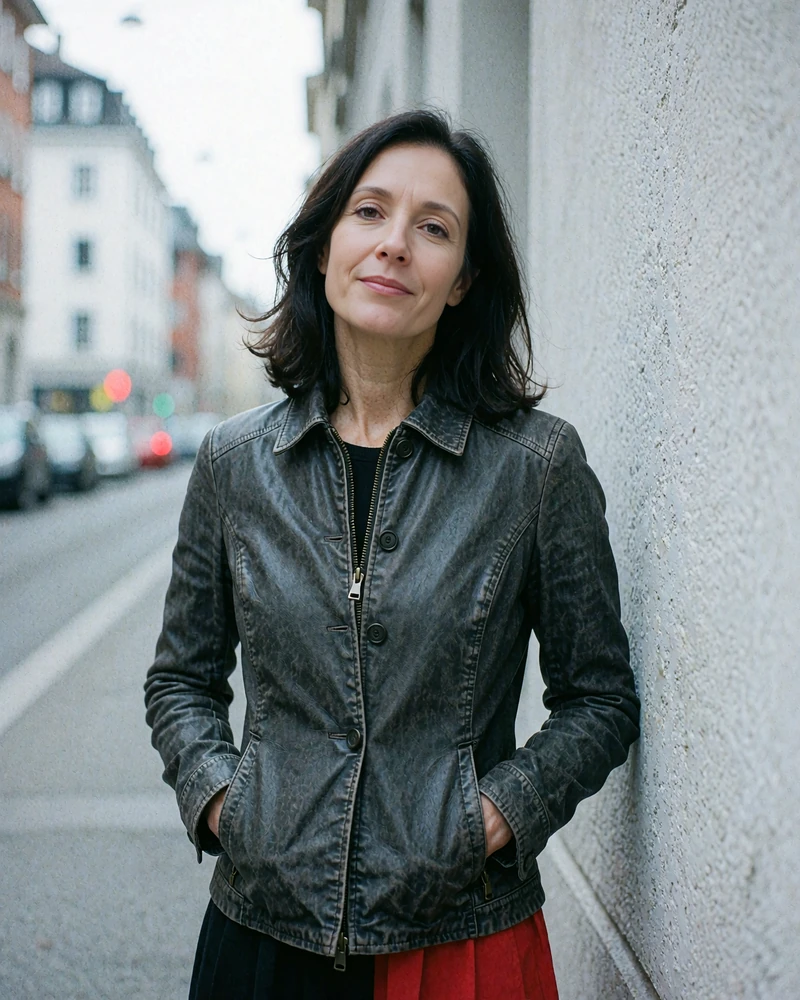 Self-assured woman in her late forties with dark shoulder-length hair in a charcoal leather jacket