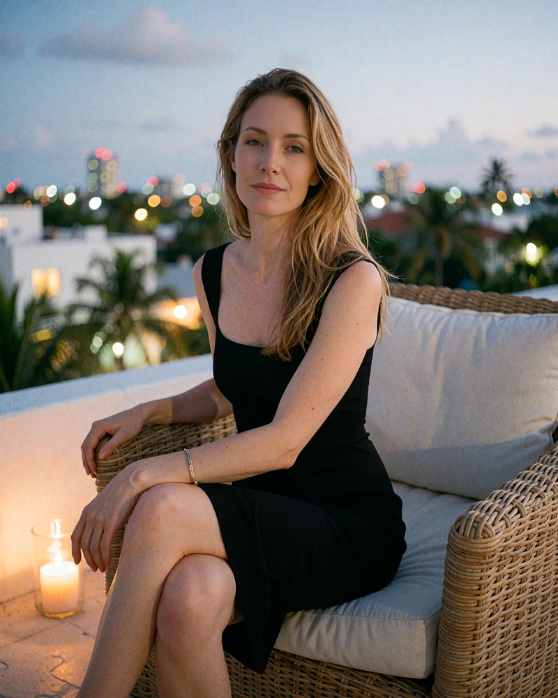 Woman with long light brown hair in a black cocktail dress seated on a rooftop lounge chair at dusk in Orlando