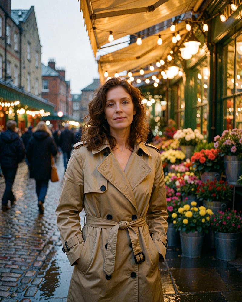 Woman with wavy chestnut hair in a tan trench coat walking near a historic Seattle market district on a wet cobbled street