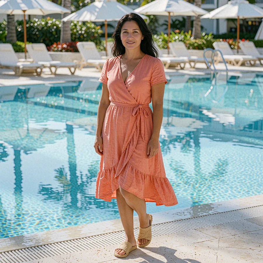 Woman in a coral wrap dress standing beside a resort pool with turquoise water and palm shadows in Miami