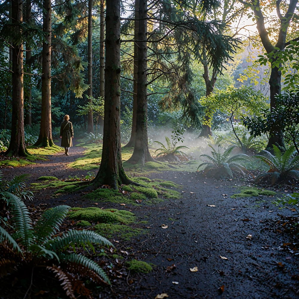 Quiet moss-edged forest path in a Portland city park with soft filtered green light