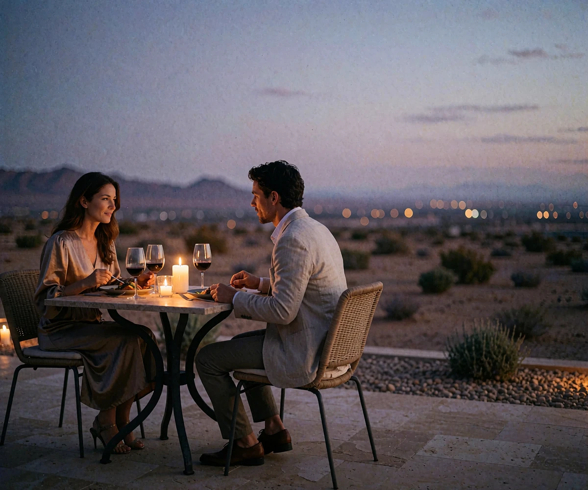 Couple seated at a candlelit outdoor terrace table overlooking the Phoenix desert at dusk