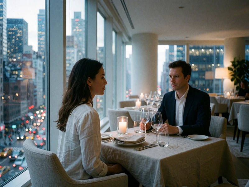 Couple seated at a linen-covered table beside a floor-to-ceiling window in an upscale Manhattan dining room at night